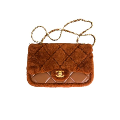 Chanel 17cm Shearling Flap Bag Lambskin Brushed&Gold Hardware , Brown