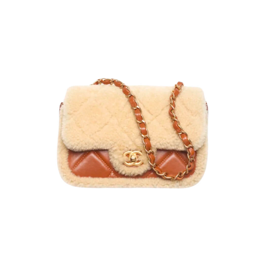 Chanel 17cm Shearling Flap Bag Lambskin Brushed&Gold Hardware , Brown Basic