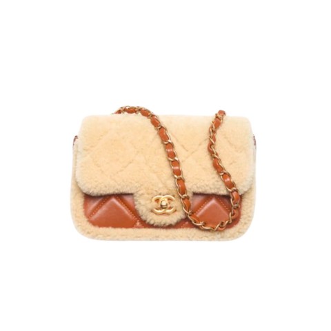 Chanel 17cm Shearling Flap Bag Lambskin Brushed&Gold Hardware , Brown Basic