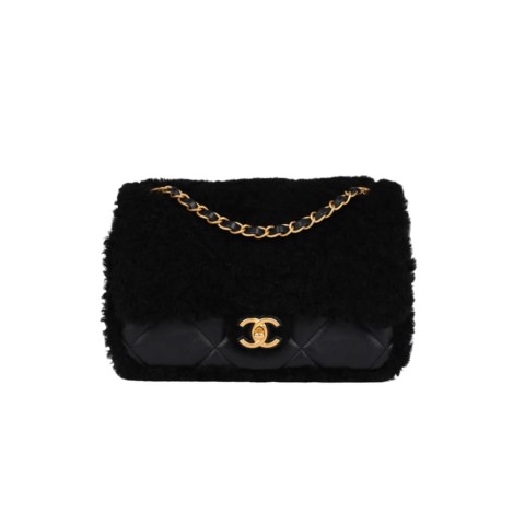 Chanel 17cm Shearling Flap Bag Lambskin Brushed&Gold Hardware , Black