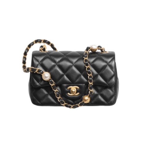 Chanel 17cm Flap Bag Shiny Lambskin Imitation Pearls & Gold Hardware Black