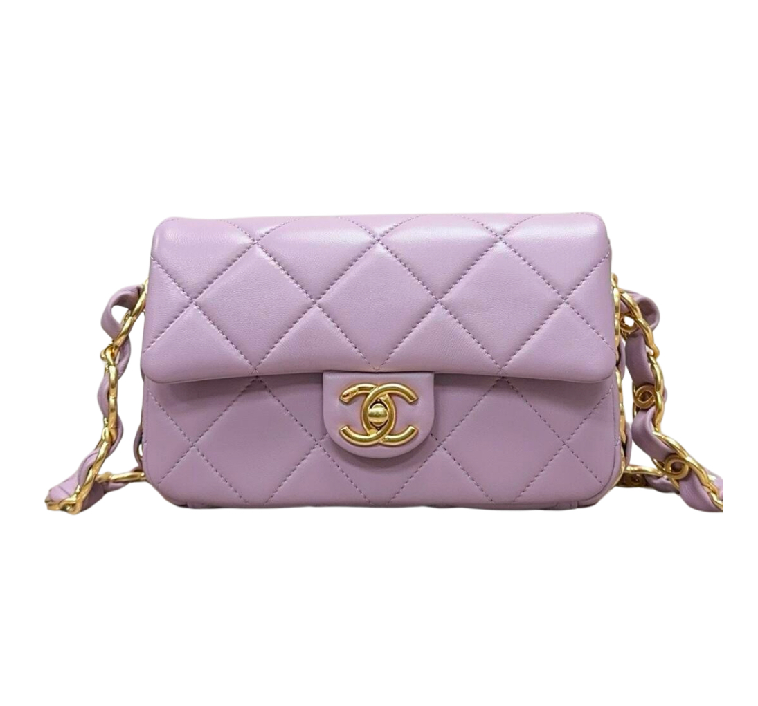 Chanel 20cm  Flap Bag Grained Calfskin & Silver Light Purple