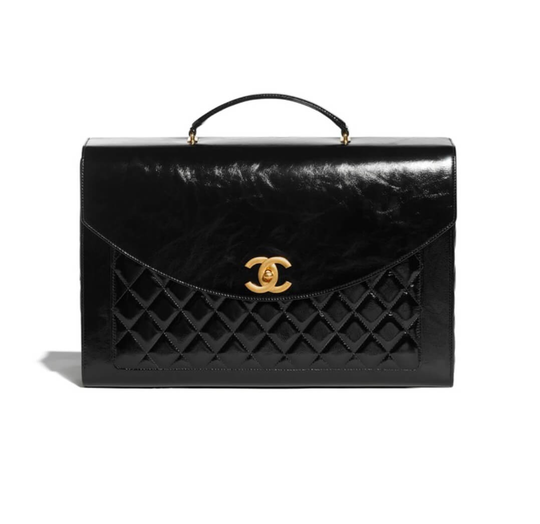 Chanel Briefcase Patent Crumpled Lambskin & Gold Black