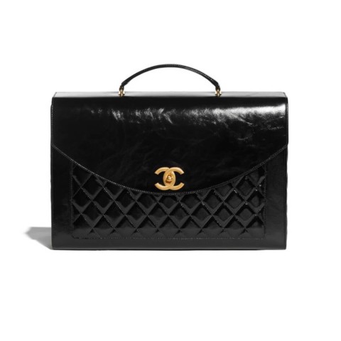 Chanel Briefcase Patent Crumpled Lambskin & Gold Black