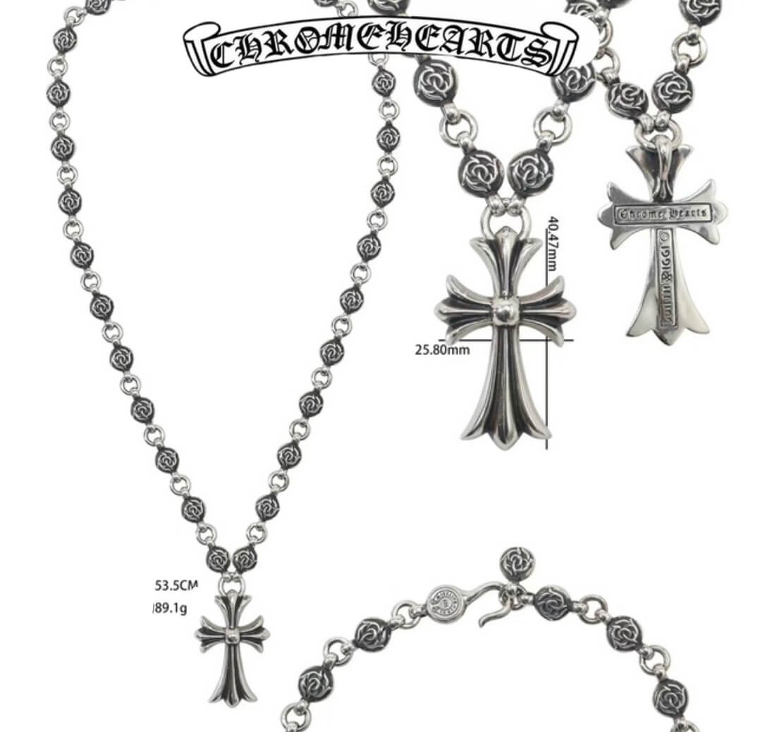 Chrome Hearts Silver Cross Fixed Flower Bead Necklace (54cm)