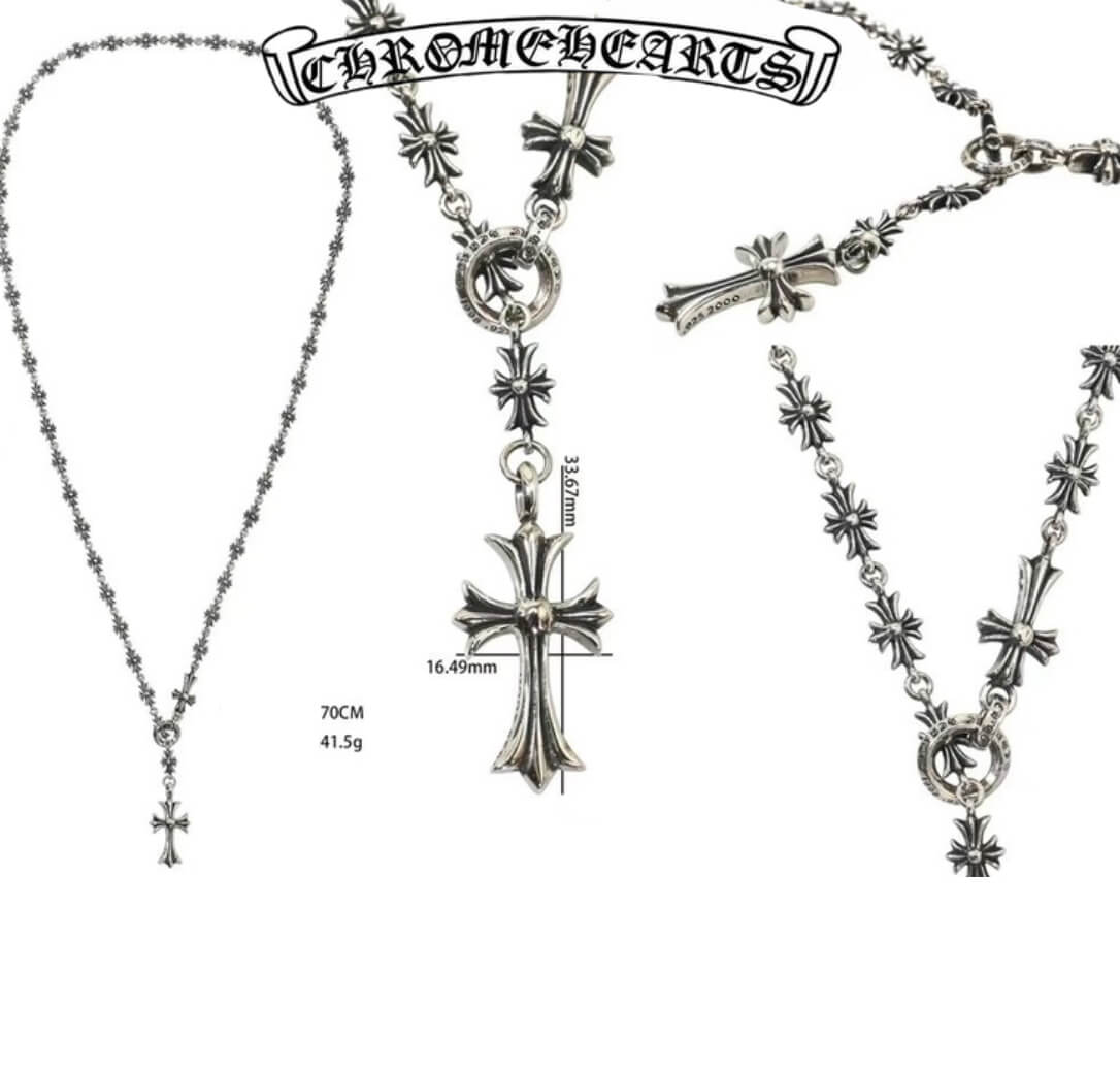 Chrome Hearts Silver Choke Chain Cross Necklace (70cm)