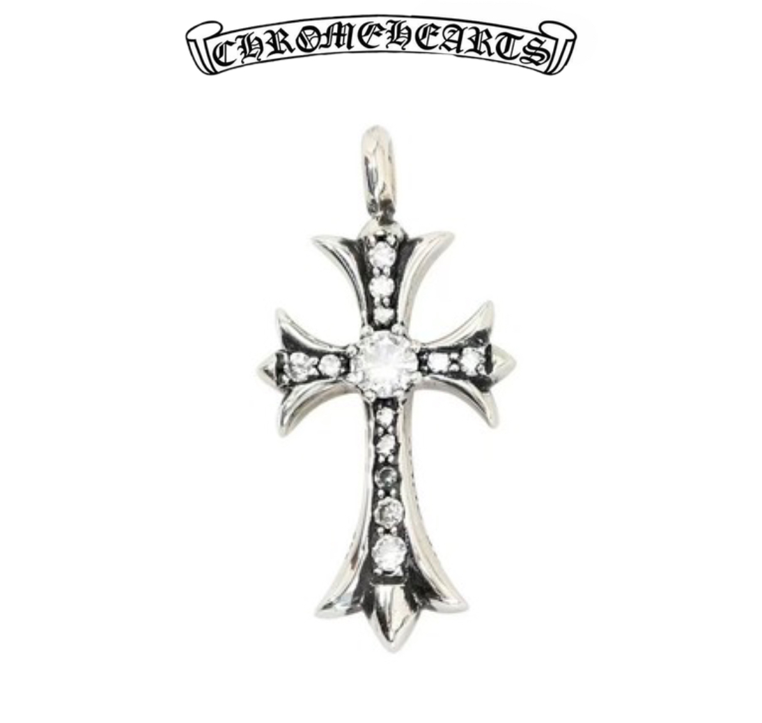 Chrome Hearts Silver  Mini Cross Pendant with Stones (6.5g)