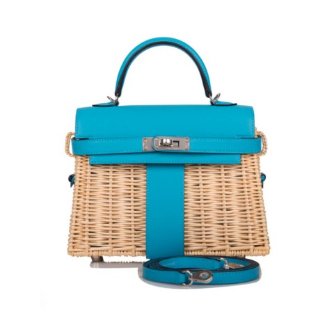 Hermès Kelly Picnic Wicker Denim Blue Swift&Palladium Hardware